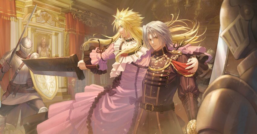 2boys absurdres aged_down aiguillette armor arms_up battle belt black_belt black_bow black_choker black_jacket black_pants black_ribbon blonde_hair blue_eyes bow buster_sword chandelier chinese_commentary choker cloud_strife cloud_strife_(ball_gown) collar commentary_request crossdressing cuirass day don_corneo dress dress_bow dress_flower dress_ribbon european_architecture final_fantasy final_fantasy_vii final_fantasy_vii_ever_crisis final_fantasy_vii_remake floral_print flower frilled_choker frilled_collar frilled_dress frilled_sleeves frills full_armor green_eyes grey_hair hand_on_another&#039;s_shoulder hand_on_another&#039;s_waist helm helmet highres holding holding_shield holding_sword holding_weapon indoors jacket knight long_hair long_sleeves mansion military_jacket military_uniform multiple_belts multiple_boys official_alternate_costume pants parted_lips pauldrons people poleyn puffy_long_sleeves puffy_sleeves purple_dress red_curtains red_flower red_rose ribbon rose sephiroth sephiroth_(ever_crisis) sephiroth_(shinra_formal_uniform) serious shield short_hair shoulder_armor shoulder_boards shoulder_strap spiked_hair standing sword tiara time_paradox upper_body weapon yakakaer