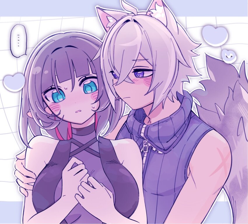 1boy 1girl ahoge animal_ear_fluff animal_ears bare_shoulders black_hair black_shirt blue_border blue_eyes blue_sweater blush bodystocking border breasts cat_boy cat_ears cat_tail checkered_background closed_mouth commentary_request crossed_bangs hair_between_eyes half-closed_eyes hand_on_another&#039;s_arm heart hetero highres jane_doe_(zenless_zone_zero) large_breasts long_hair looking_at_another looking_down mnm_940 mouse_ears mouse_girl multicolored_hair open_mouth purple_eyes red_hair scar scar_on_shoulder see-through_clothes seth_lowell shirt speech_bubble sweatdrop sweater tail white_background white_hair zenless_zone_zero zipper zipper_pull_tab