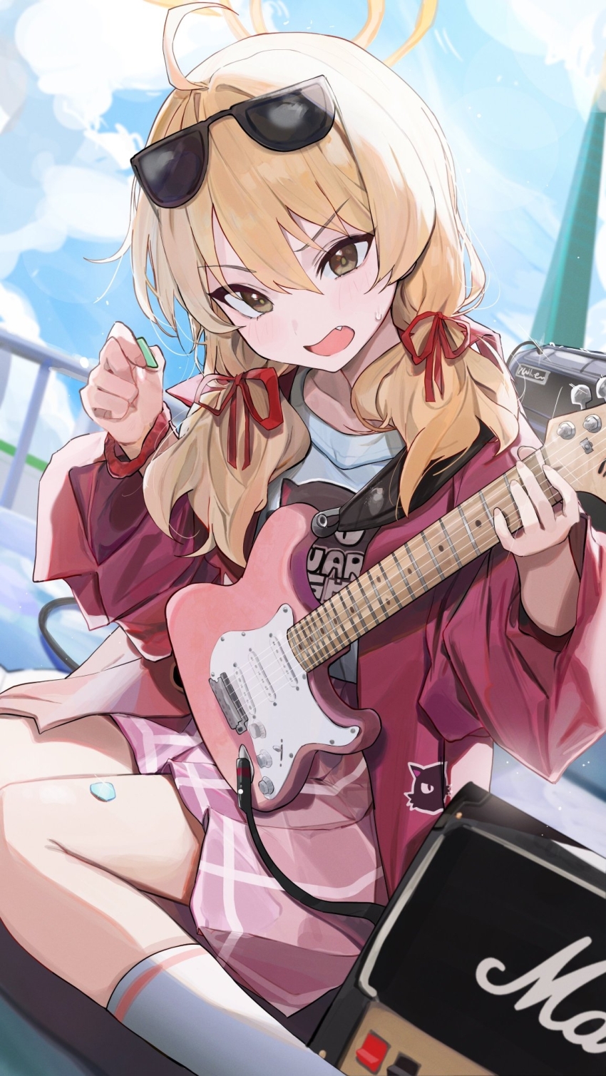 1girl ahoge amplifier blance blonde_hair blue_archive blush cable electric_guitar eyewear_on_head fang fender_stratocaster guitar hair_ribbon halo highres holding holding_instrument holding_plectrum instrument jacket looking_at_viewer marshall_amplification official_alternate_costume pink_skirt plectrum red_jacket ribbon rooftop school_uniform sitting skirt socks solo sunglasses twintails wariza white_socks yoshimi_(band)_(blue_archive) yoshimi_(blue_archive)