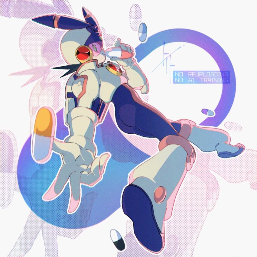 1boy armor ass assault_visor black_bodysuit black_hair bodysuit from_behind green_eyes helmet highres male_focus meddy.exe_(mega_man) mega_man_(series) mega_man_battle_network_(series) megaman.exe pink-tinted_eyewear solo solo_focus tinted_eyewear to_i_to_io white_armor white_helmet zoom_layer