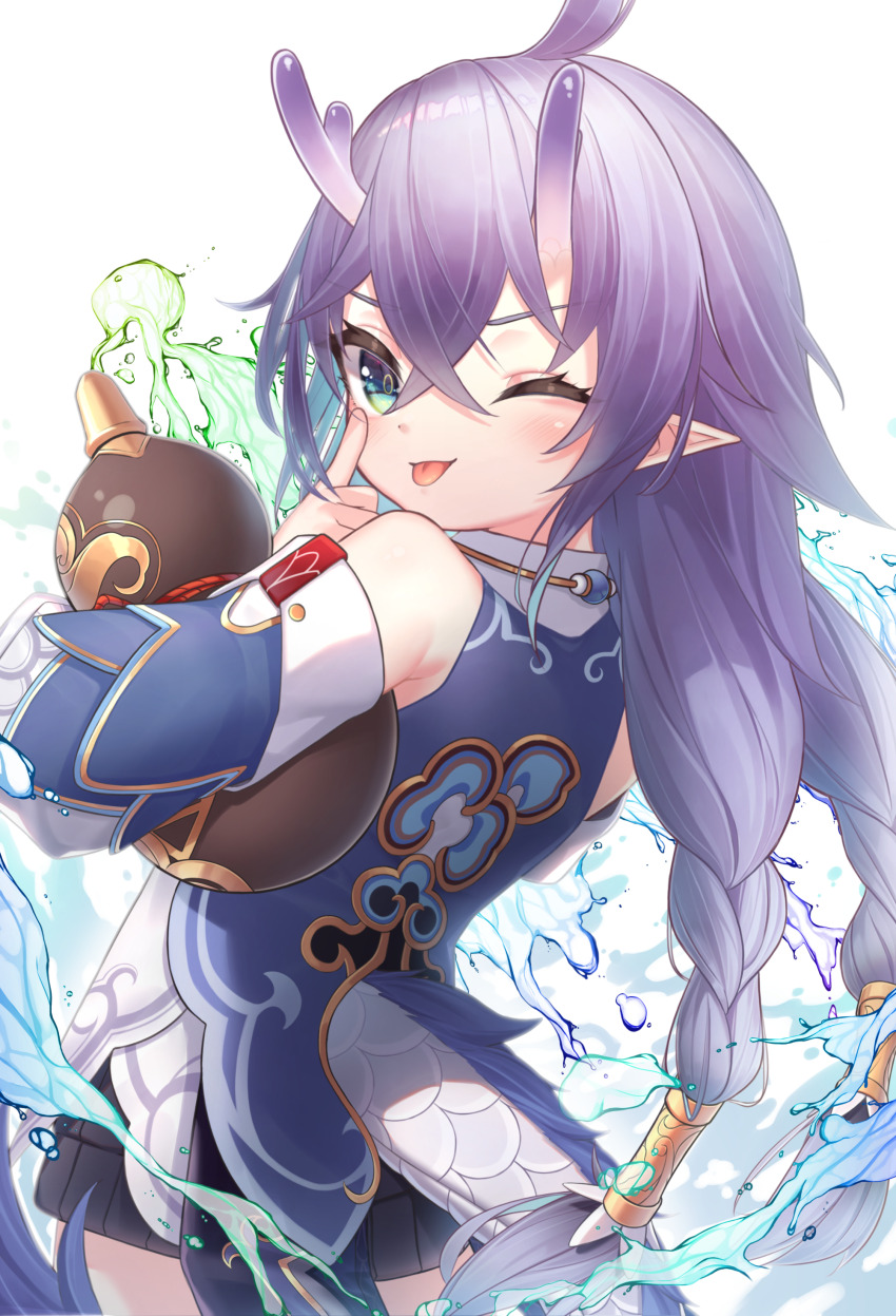 1girl ;p absurdres ahoge akiaki1657 bailu_(honkai:_star_rail) blush braid chinese_clothes detached_sleeves dragon_girl dragon_horns dragon_tail eastern_dragon_horns eastern_dragon_tail gourd green_eyes hair_between_eyes highres honkai:_star_rail honkai_(series) horns long_hair long_sleeves looking_at_viewer looking_back one_eye_closed pointy_ears purple_hair solo tail tongue tongue_out water wide_sleeves