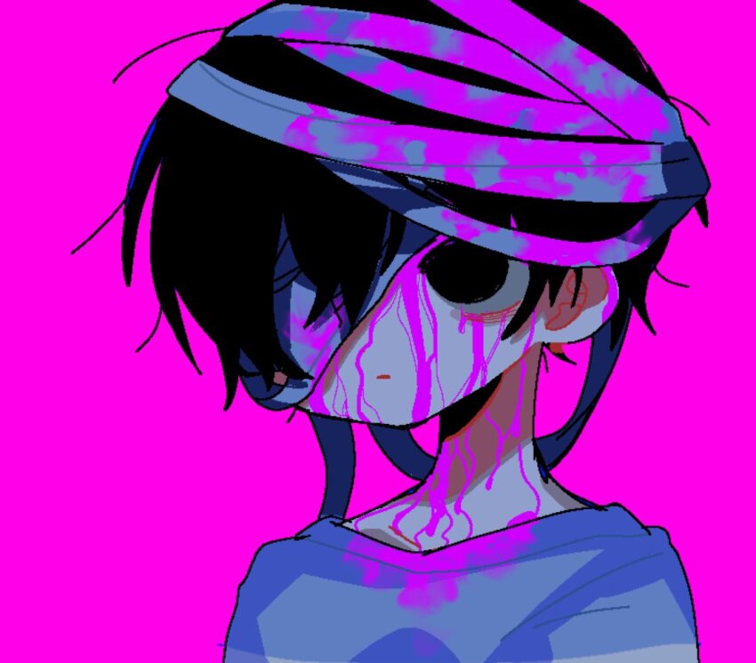 1boy bandaged_head bandages black_eyes black_hair closed_mouth expressionless eyepatch hospital_gown kobanzame_omo looking_at_viewer male_focus medical_eyepatch omori purple_background short_hair simple_background solo spoilers sunny_(omori) upper_body