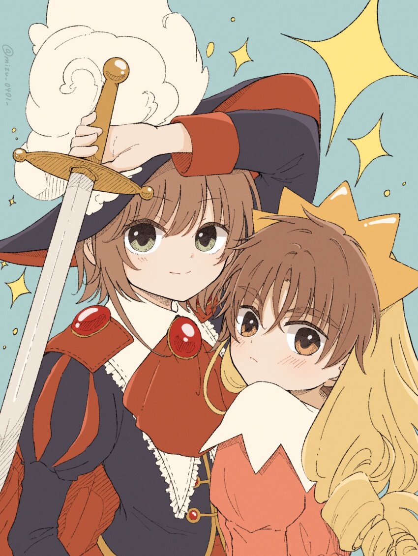 1boy 1girl arm_up ascot black_hat black_shirt blonde_hair blue_background blush brown_eyes cardcaptor_sakura closed_mouth commentary green_eyes hat highres holding holding_sword holding_weapon juliet_sleeves li_syaoran long_sleeves looking_at_viewer mizu_0401 puffy_sleeves red_ascot red_shirt shirt smile sparkle sword symbol-only_commentary thick_eyebrows twitter_username upper_body weapon