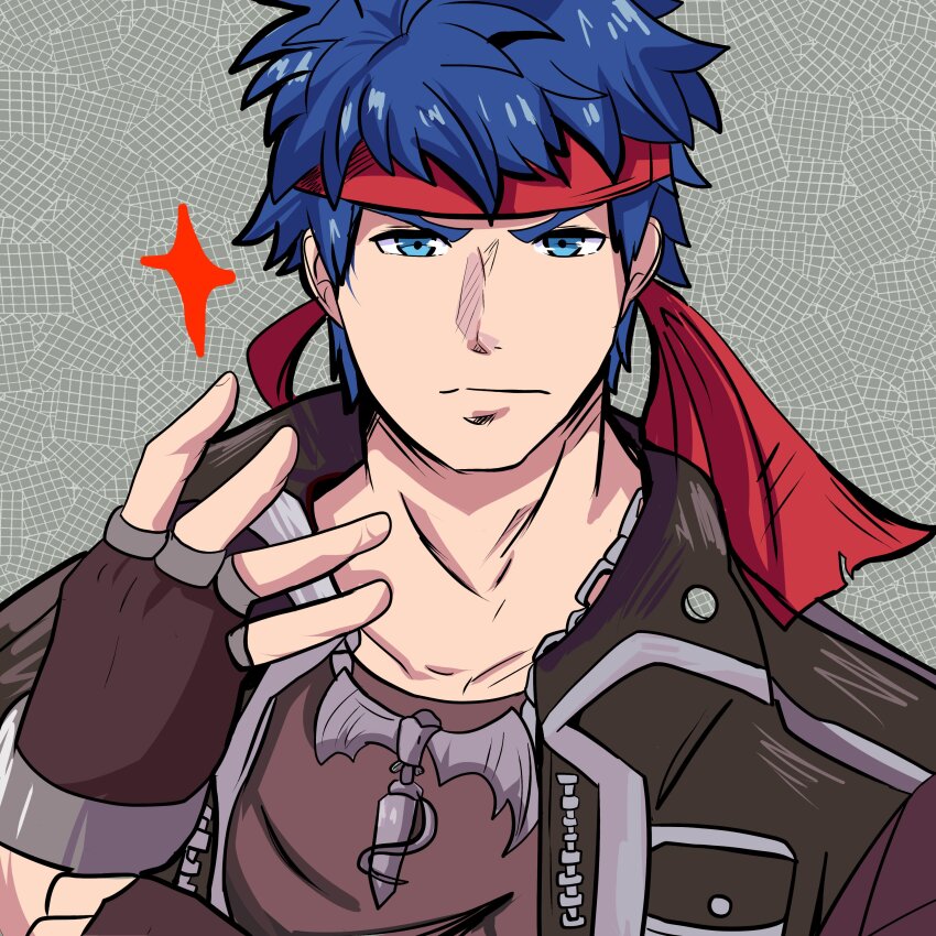 1boy absurdres adjusting_clothes adjusting_gloves blue_eyes blue_hair commentary cosplay fingerless_gloves fire_emblem fire_emblem:_radiant_dawn gloves headband highres ike_(fire_emblem) jewelry karbuitt looking_at_viewer majutsushi_orphen male_focus necklace nintendo orphen orphen_(cosplay) red_headband short_hair solo upper_body
