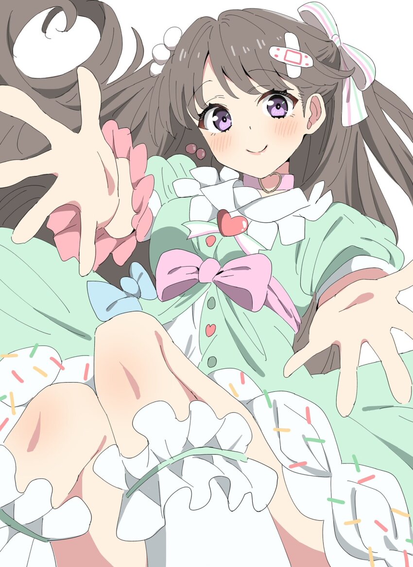 1girl bandaid bandaid_hair_ornament bien_(djpwjd1) blush breasts brown_hair c: choker closed_mouth commentary dress frilled_socks frills fujishima_megumi green_dress hair_ornament hair_ribbon hakuchu_a_la_mode heart heart_o-ring heart_ring_choker highres large_breasts link!_like!_love_live! long_hair looking_at_viewer love_live! o-ring o-ring_choker official_alternate_costume pink_choker puffy_short_sleeves puffy_sleeves purple_eyes ribbon sailor_collar sailor_dress short_sleeves smile socks solo striped_ribbon two_side_up virtual_youtuber white_background white_sailor_collar white_socks