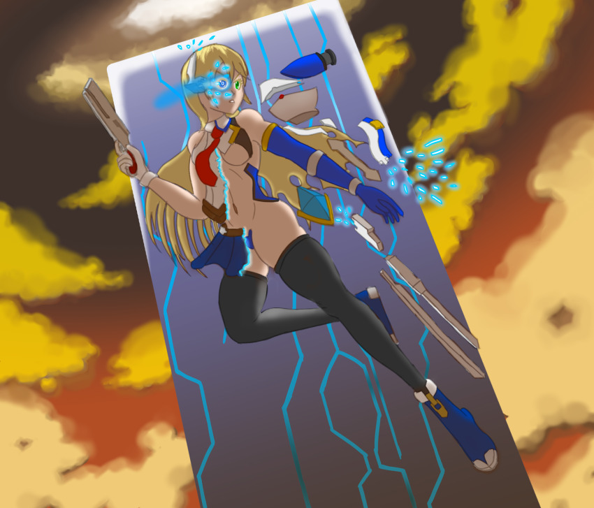 1girl arc_system_works blazblue blonde_hair boots breasts gloves green_eyes gun highres legs long_hair maebari medium_breasts mu-12 navel noel_vermillion skirt solo sword thick_thighs thighs transformation weapon