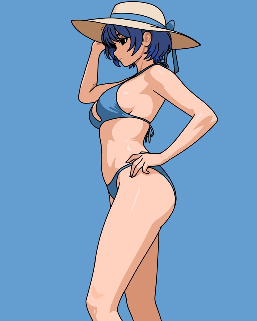 1girl adjusting_clothes adjusting_headwear arm_up ass becauseimajinx bikini black_hair blue_background blue_bikini blue_bow blue_eyes blue_ribbon bow breasts closed_mouth hand_on_own_hip hat hat_bow hat_ribbon highres large_breasts original ribbon shiny_skin short_hair sideboob simple_background solo swimsuit
