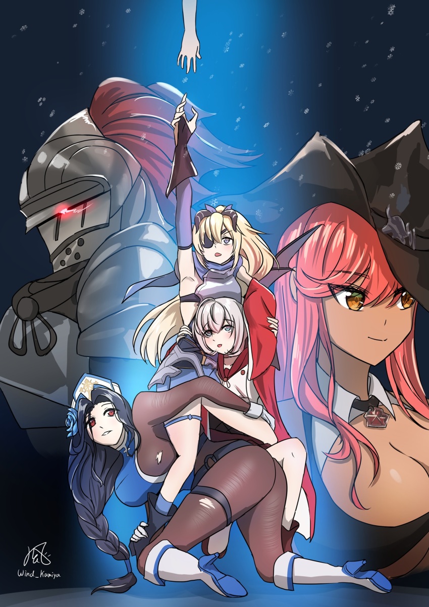 1boy 4girls all_fours arm_around_leg arm_around_waist arm_up armor artist_name black_hair blonde_hair blue_eyes bodystocking boots braid braided_ponytail breastplate breasts bridal_gauntlets cleavage cleavage_cutout cloak clothing_cutout collar collared_shirt commander_(nikke) commentary_request elbow_gloves eyepatch flower frilled_thigh_strap gloves glowing glowing_eye goddess_of_victory:_nikke grey_hair guillotine_(nikke) guillotine_(winter_slayer)_(nikke) gundam gundam_narrative hair_flower hair_ornament hat helmet high_heels highres hip_armor horns kazushi_shinya long_hair long_sleeves maiden_(ice_rose)_(nikke) maiden_(nikke) multiple_girls narrative_formation no_headwear official_alternate_costume open_mouth orange_eyes orange_hair parody pauldrons reaching reaching_towards_another red_eyes red_hair rose scarf shirt short_hair shoulder_armor signature single_wing skirt sleeveless smile snowflakes snowing thigh_strap torn_clothes tunic vesti_(ark_mage)_(nikke) vesti_(nikke) volume_(beat_the_gun)_(nikke) volume_(nikke) wide_sleeves wing_collar wings