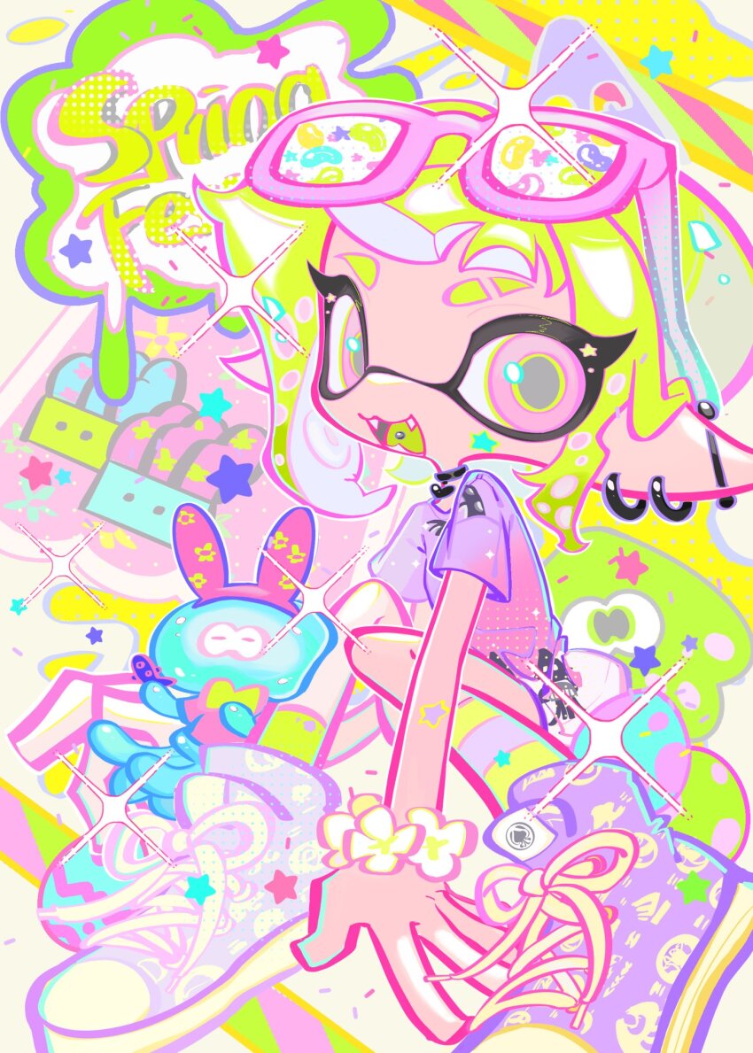 1girl animal_ears black_choker bow bowtie bracelet choker colored_tongue commentary earrings english_commentary eyebrow_cut eyewear_on_head facepaint fake_animal_ears fangs flower flower_bracelet full_body gradient_clothes gradient_shirt green_bow green_bowtie green_hair green_pupils green_socks green_tongue highres inkling inkling_girl inkling_player_character jellyfish_(splatoon) jewelry looking_at_viewer multicolored_background multiple_earrings nintendo no_nose open_mouth piercing pink-framed_eyewear pink_eyes pointy_ears print_footwear purple_shirt purple_shoes rabbit_ears shirt shoes short_hair short_sleeves sitting sneakers socks solo sparkle splatoon_(series) splatoon_3 star_(symbol) striped_clothes striped_socks suction_cups tentacle_hair thick_eyelashes tongue_piercing white_flower xiaoyunatie