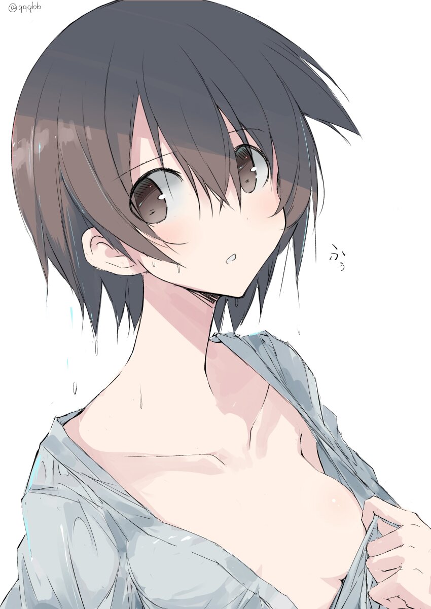 1girl absurdres blush breasts brown_eyes brown_hair clothes_pull collarbone dot_nose empty_eyes female_focus hair_between_eyes highres looking_at_viewer matching_hair/eyes miyanaga_saki open_clothes parted_lips portrait pulling_own_clothes qqqbb_(pixiv2905012) saki_(manga) short_hair sideways_glance simple_background small_breasts solo sweat tareme teasing tongue translation_request wet wet_clothes wet_hair white_background