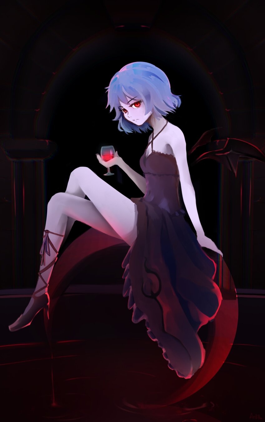1girl 4rdilla absurdres bat_wings black_dress black_footwear blue_hair breasts cleavage dress high_heels highres looking_at_viewer red_eyes remilia_scarlet short_hair sitting slit_pupils solo touhou wings