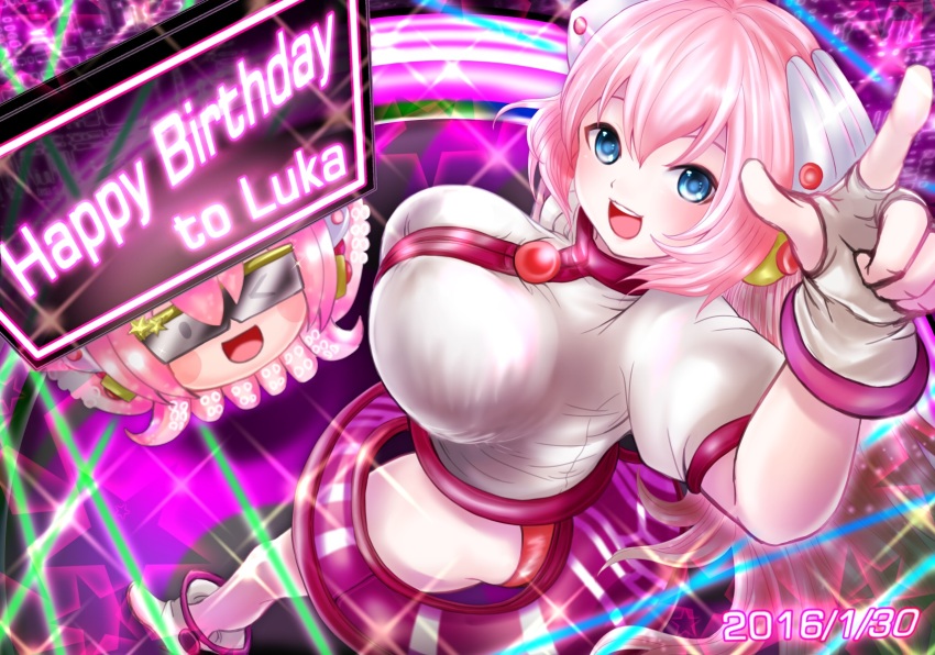 2girls blue_eyes boots chiffon cityscape closed_eyes from_above headphones highres long_hair looking_at_viewer luka_luka_night_fever_(vocaloid) megurine_luka midriff multiple_girls music navel pink_hair project_diva_(series) project_diva_extend samfree_(&quot;night&quot;_songs) skirt smile solo takoluka thighhighs very_long_hair vocaloid