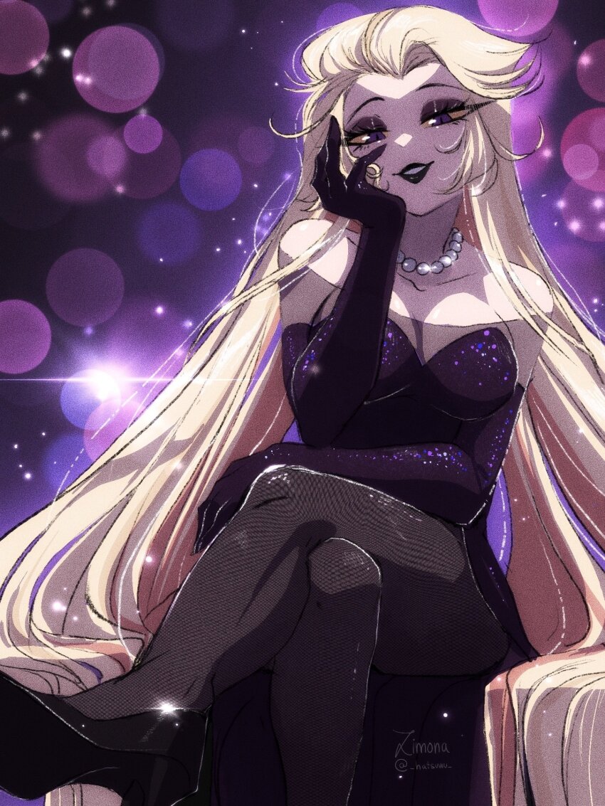 1girl alternate_costume bare_shoulders black_lips black_pantyhose blonde_hair breasts colored_sclera commentary crossed_legs demon demon_girl dress elbow_gloves gloves hazbin_hotel hellaverse highres jewelry large_breasts lilith_(hazbin_hotel) long_hair looking_at_viewer mature_female necklace pantyhose pearl_necklace purple_dress solo very_long_hair yellow_sclera zimona