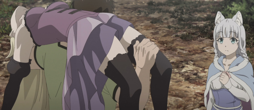 1boy 2girls animal_ears anime_screenshot breasts carmilla_vanstein carrying carrying_over_shoulder carrying_person hataage!_kemono_michi highres medium_breasts multiple_girls shibata_genzou shigure_(kemonomichi) stitched third-party_edit unconscious vampire