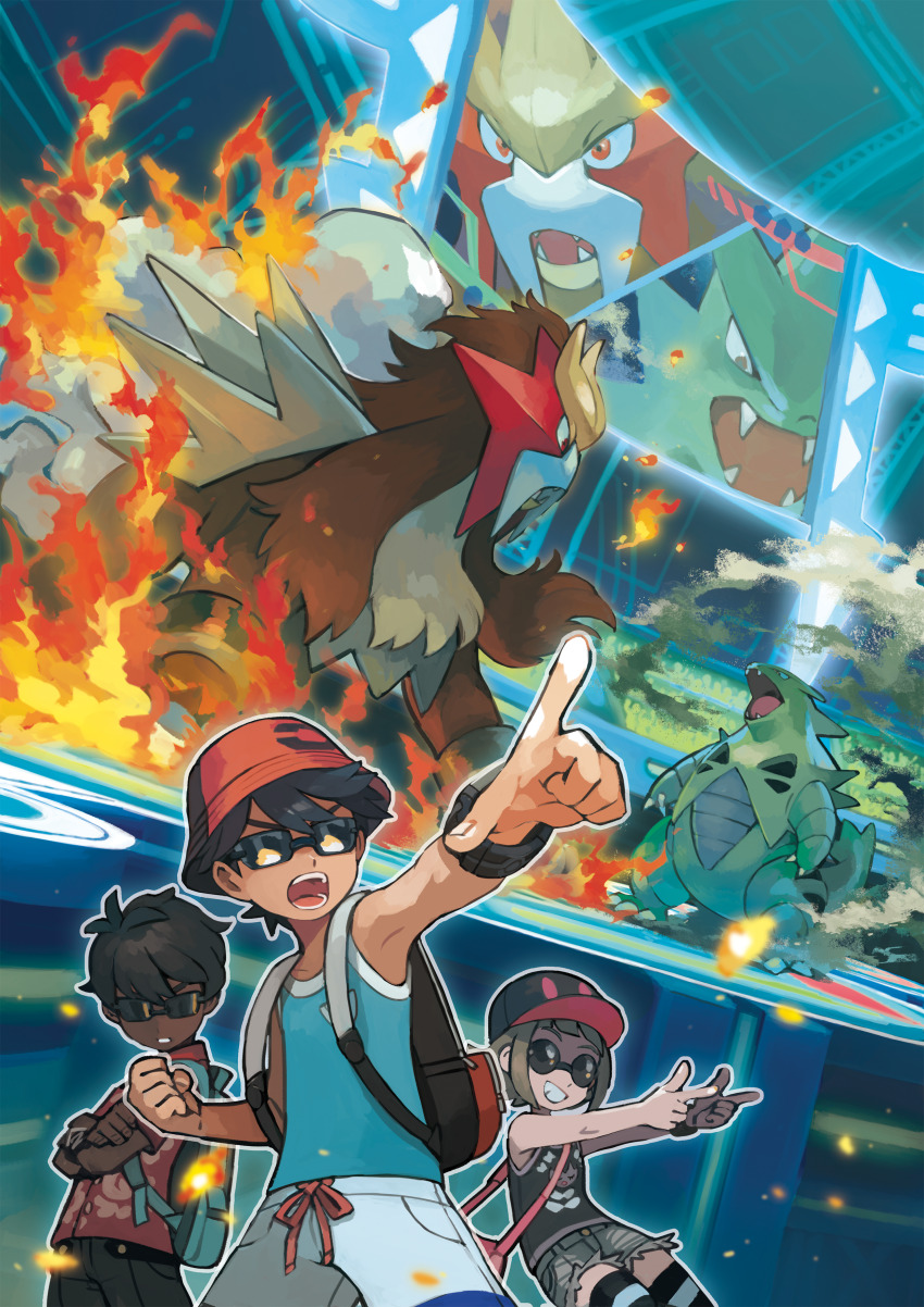 1girl 2boys absurdres alternate_costume arena backpack bag black_bag black_hair black_hat black_shirt blue_bag blue_shirt brown_pants dark-skinned_male dark_skin elio_(pokemon) entei fangs fire gen_2_pokemon gen_5_pokemon gothorita grey_shorts hat highres legendary_pokemon multiple_boys nintendo official_art open_mouth pants parted_lips pink_bag pointing poke_ball_print pokemon pokemon_(creature) pokemon_usum print_shirt red_eyes red_hat red_shirt screen second-party_source selene_(pokemon) shirt short_hair shorts sleeveless smile smoke striped_clothes striped_thighhighs sugimori_ken sunglasses thighhighs tyranitar very_dark_skin white_pants
