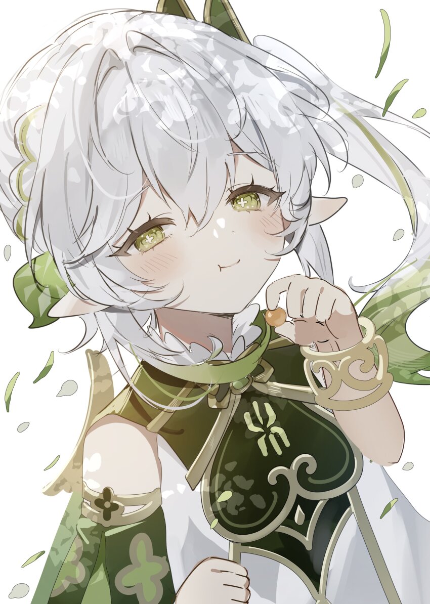 1girl absurdres berry cape cross-shaped_pupils dress eating food genshin_impact gold_trim green_cape green_eyes green_sleeves hair_ornament half_crown_braid highres holding holding_food leaf_hair_ornament looking_at_viewer multicolored_hair nahida_(genshin_impact) pointy_ears side_ponytail simple_background smile solo sorani_(kaeru0768) symbol-shaped_pupils white_background white_dress white_hair