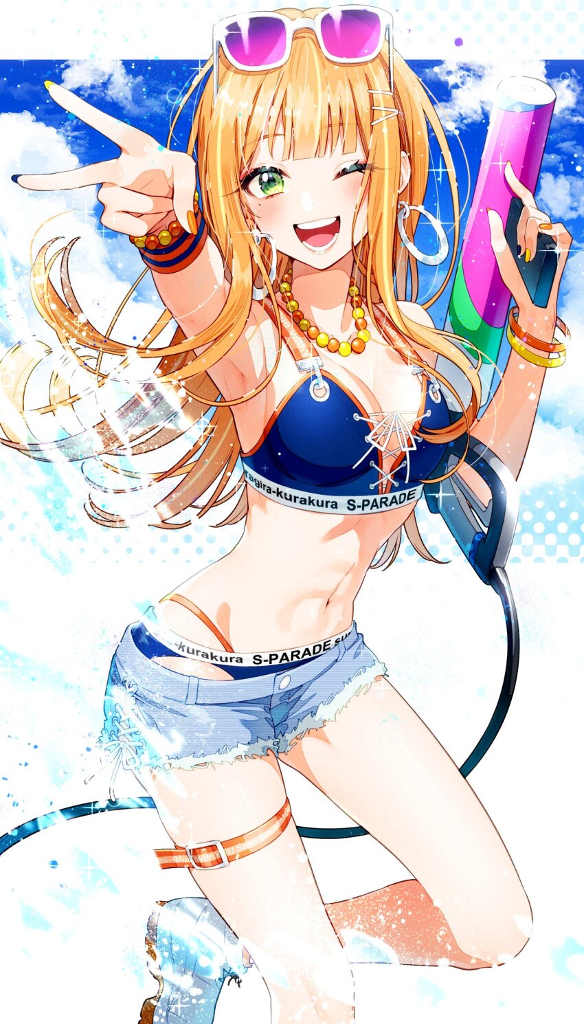 1girl bead_necklace beads bikini bikini_under_shorts blue_bikini blue_shorts blush bracelet breasts cleavage cross-laced_bikini cross-laced_clothes day denim denim_shorts earrings eyewear_on_head gakuen_idolmaster green_eyes gyaru hair_ornament hairclip highres holding holding_water_gun idolmaster jewelry kimi_to_semi_blue_(idolmaster) long_hair looking_at_viewer micro_shorts midriff mole mole_under_eye nail_polish navel necklace official_alternate_costume one_eye_closed orange_hair outdoors purple-tinted_eyewear sakuragi_ren scrunchie shiun_sumika shoes short_shorts shorts smile sneakers solo straight_hair sunglasses super_soaker swimsuit thigh_strap tinted_eyewear torn_clothes torn_shorts v water_drop water_gun wrist_scrunchie