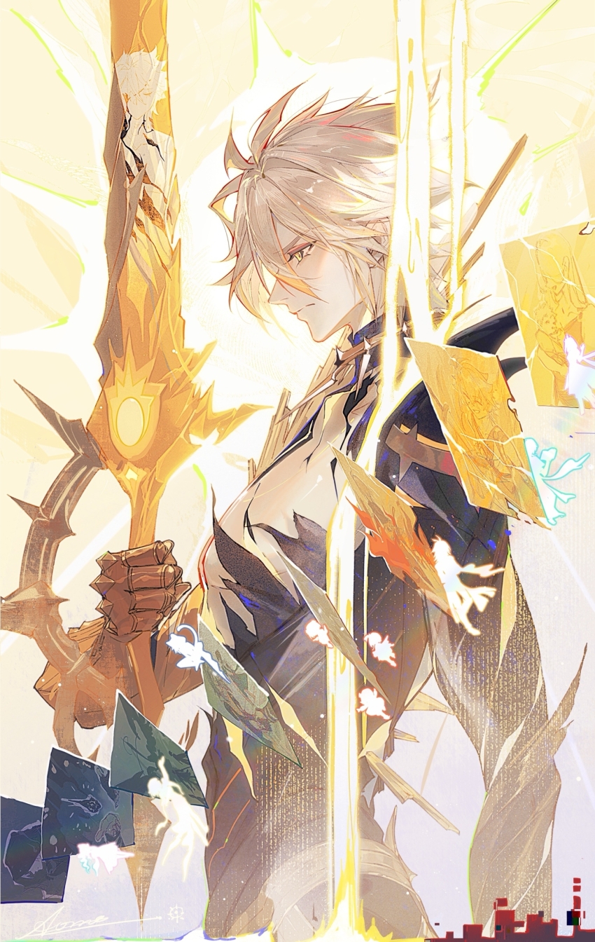 1boy alternate_form antenna_hair aoma_(xuanzexuexi) blonde_hair card chinese_commentary closed_mouth commentary_request cracked_skin dripping frown gauntlets hair_between_eyes hand_up highres holding holding_sword holding_weapon honkai:_star_rail honkai_(series) liquid_gold male_focus material_growth multicolored_hair phainon_(honkai:_star_rail) profile serious short_hair single_gauntlet solo sword v-shaped_eyebrows weapon white_hair yellow_eyes