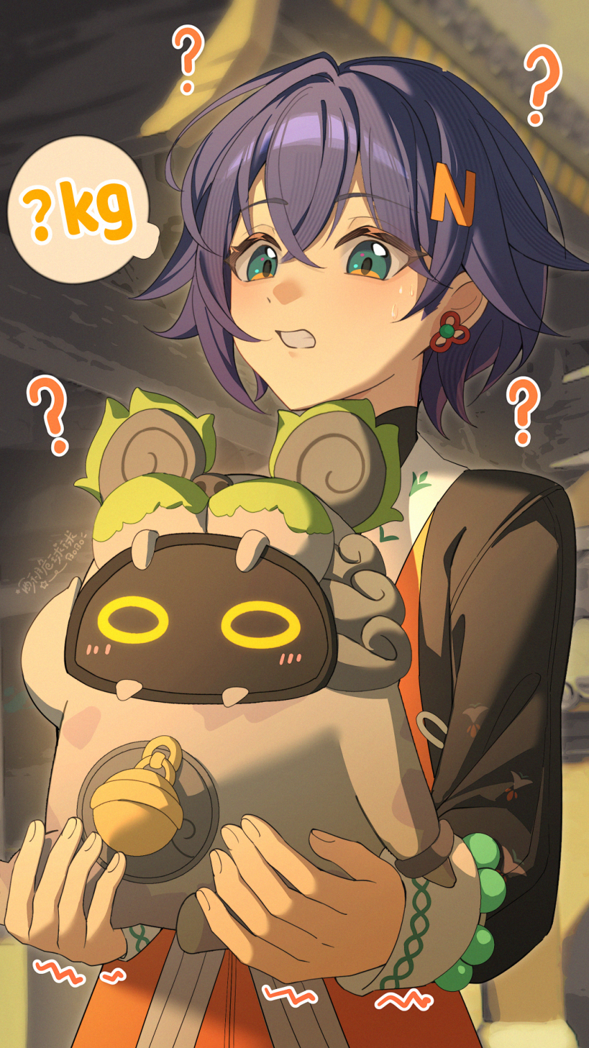 1girl ? bangboo_(zenless_zone_zero) belle_(delicate_daylight)_(zenless_zone_zero) belle_(zenless_zone_zero) black_shirt blue_hair clenched_teeth commentary_request green_eyes hair_ornament highres letter_hair_ornament long_sleeves official_alternate_costume shirt so_zei_tama_tama solo teeth trembling zenless_zone_zero