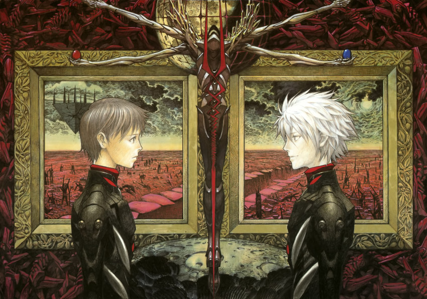 10s absurdres arms_at_sides bident cleaned ditypique eva_13 evangelion:_3.0_you_can_(not)_redo eye_contact from_side frown highres ikari_shinji lance_of_longinus_(evangelion) looking_at_another maeda_mahiro male_focus mecha_pilot_suit nagisa_kaworu neon_genesis_evangelion official_art picture_frame plugsuit_(evangelion) polearm profile rebuild_of_evangelion weapon white_hair