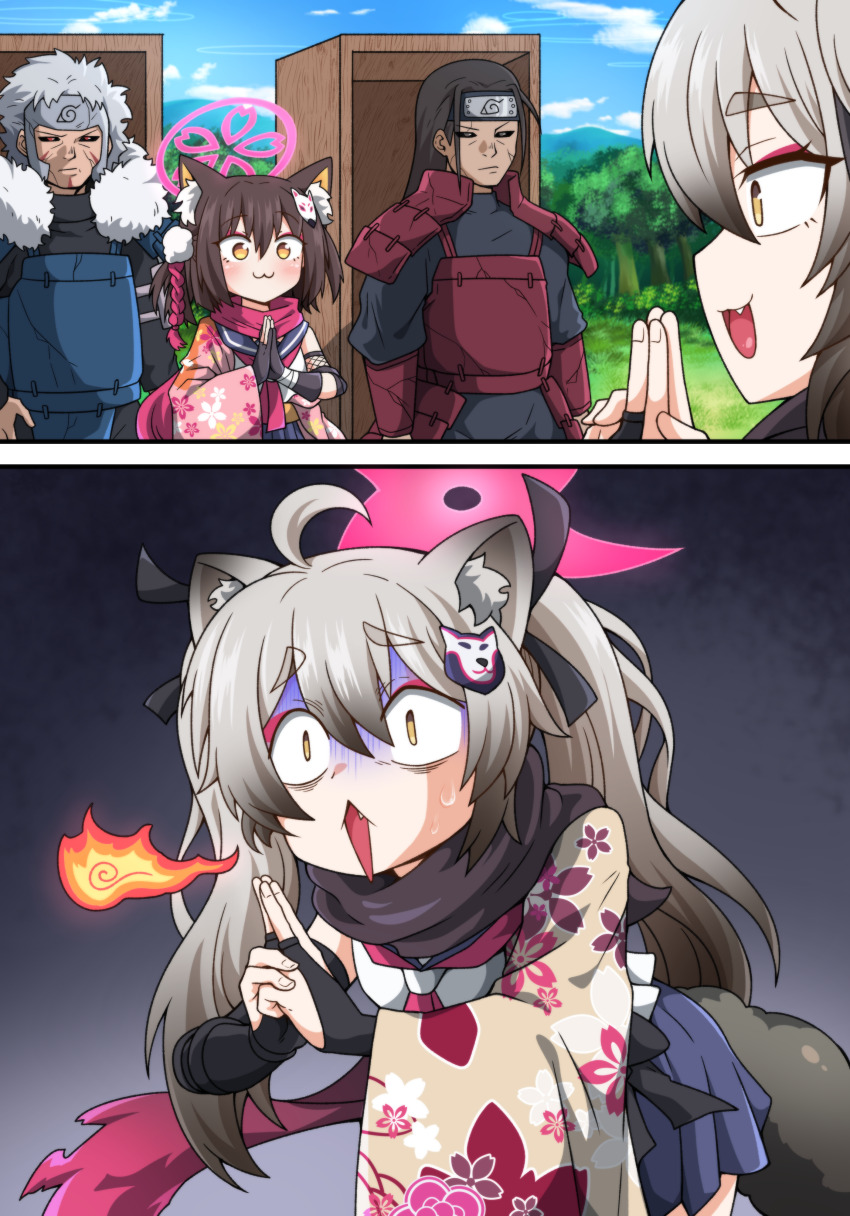 2boys 2girls 2koma :3 absurdres ahoge animal_ear_fluff animal_ears armor art_shift bent_over black_gloves black_hair black_sclera blue_archive blue_armor blue_sky blurry breath_weapon breathing_fire bridal_gauntlets brothers cloud cloudy_sky coffin colored_sclera comic commentary_request cracked_skin crossover depth_of_field devil_yanghyeok edo_tensei exhausted eyeshadow fang fingerless_gloves fire forehead_protector forest fox_ears fox_girl fox_hair_ornament fur_scarf gloom_(expression) gloves gradient_hair grey_hair hadanugi_dousa hair_between_eyes hair_ornament halo hand_gesture highres izuna_(blue_archive) japanese_armor japanese_clothes kimono kishimoto_masashi_(style) konohagakure_symbol korean_commentary kuji-in long_hair long_sleeves looking_at_another makeup medium_hair michiru_(blue_archive) multicolored_hair multiple_boys multiple_girls naruto_(classic) naruto_(series) naruto_shippuuden nature ninja one_side_up open_clothes open_kimono outdoors own_hands_together parody pleated_skirt pom_pom_(clothes) pom_pom_hair_ornament raccoon_ears raccoon_girl raccoon_hair_ornament raccoon_tail red_armor red_eyeshadow red_scarf scarf school_uniform senju_hashirama senju_tobirama serafuku siblings sidelocks silent_comic skirt sky sleeveless sweatdrop tail thick_eyebrows tree twintails two-tone_hair wide_sleeves yellow_eyes