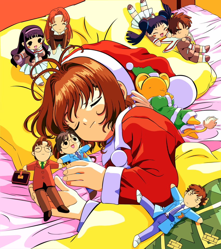 brown_hair cardcaptor_sakura character_doll child christmas glasses hat head_on_pillow highres kero_(cardcaptor_sakura) kinomoto_fujitaka kinomoto_sakura kinomoto_touya li_meiling li_syaoran mizuki_kaho official_art pillow santa_hat school_uniform skirt sleeping smile tomoeda_middle_school_uniform tsukishiro_yukito white_footwear white_skirt