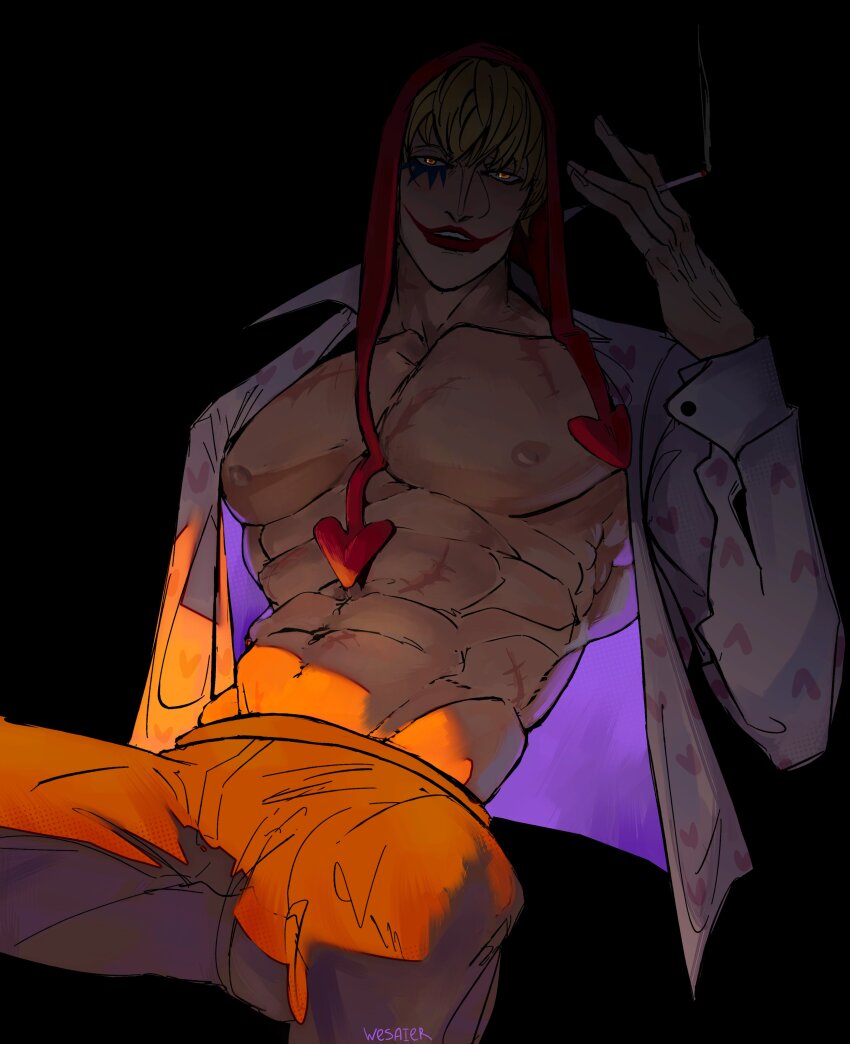 1boy abs absurdres artist_name bare_pectorals black_background cigarette commentary donquixote_rocinante english_commentary facepaint heart heart_print highres holding holding_cigarette hood invisible_chair looking_at_viewer makeup male_focus one_piece open_clothes open_shirt pectorals scar scar_on_chest simple_background sitting smoke solo wesaier yellow_eyes