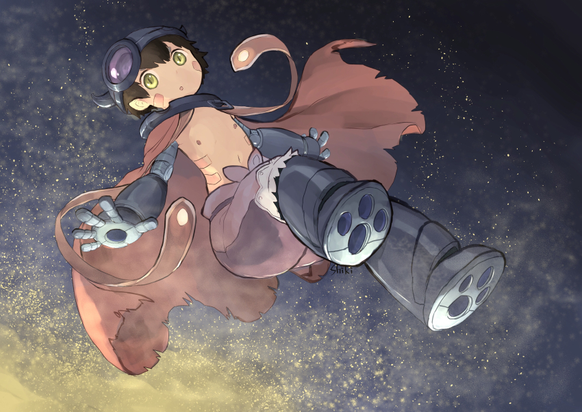 1boy :o a-pose absurdres android armpits artist_name brown_hair cape collar commentary_request damaged facial_mark facial_tattoo fake_horns falling feet foot_focus from_below full_body gradient_background gradient_sky green_eyes hair_between_eyes helmet highres horned_helmet horns looking_at_viewer made_in_abyss male_focus mechanical_arms mechanical_hands mechanical_legs metal_collar navel night night_sky nipples open_hand open_mouth pants pointy_ears purple_shorts red_cape reg_(made_in_abyss) robot shikimoku shorts sky slit_pupils solo star_(sky) starry_sky tattoo topless_male v-shaped_eyebrows yellow_background yellow_star