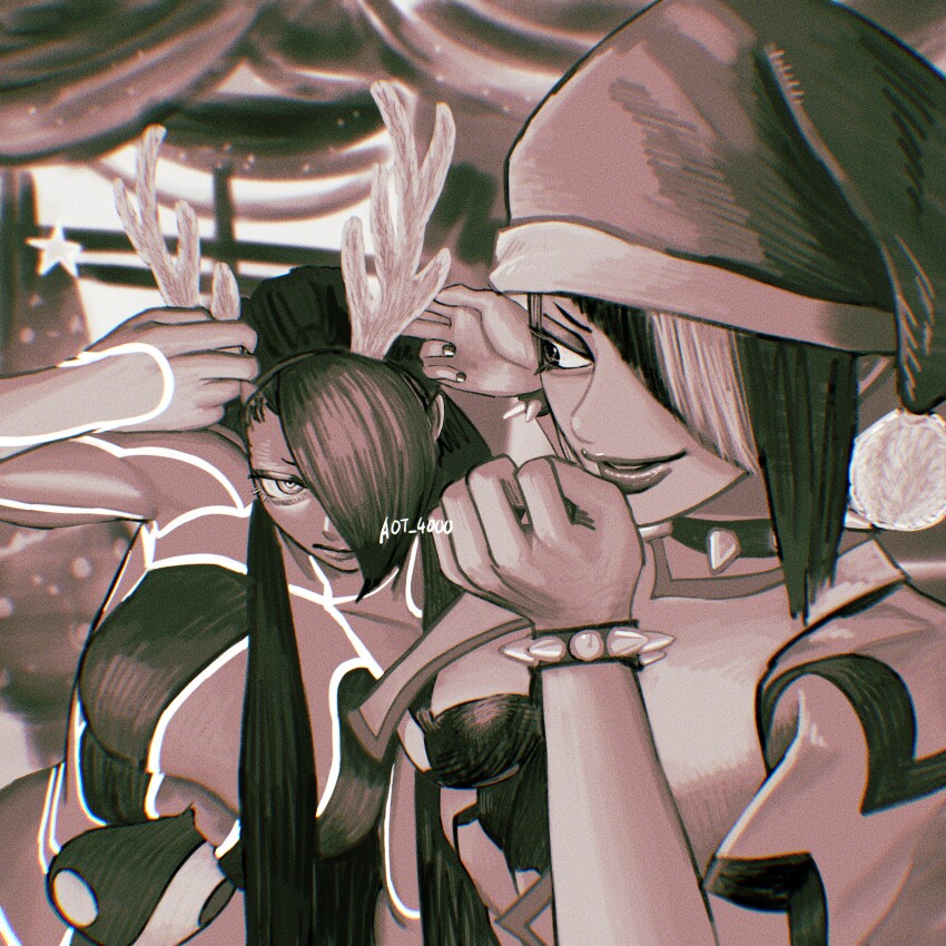 2girls absurdres aot_4000 artist_name bracelet breasts christmas collar commentary diagonal_bangs fake_antlers female_seth_(street_fighter) hair_over_one_eye han_juri hat highres jewelry multicolored_hair multiple_girls santa_hat spiked_bracelet spiked_collar spikes street_fighter street_fighter_6 two-tone_hair