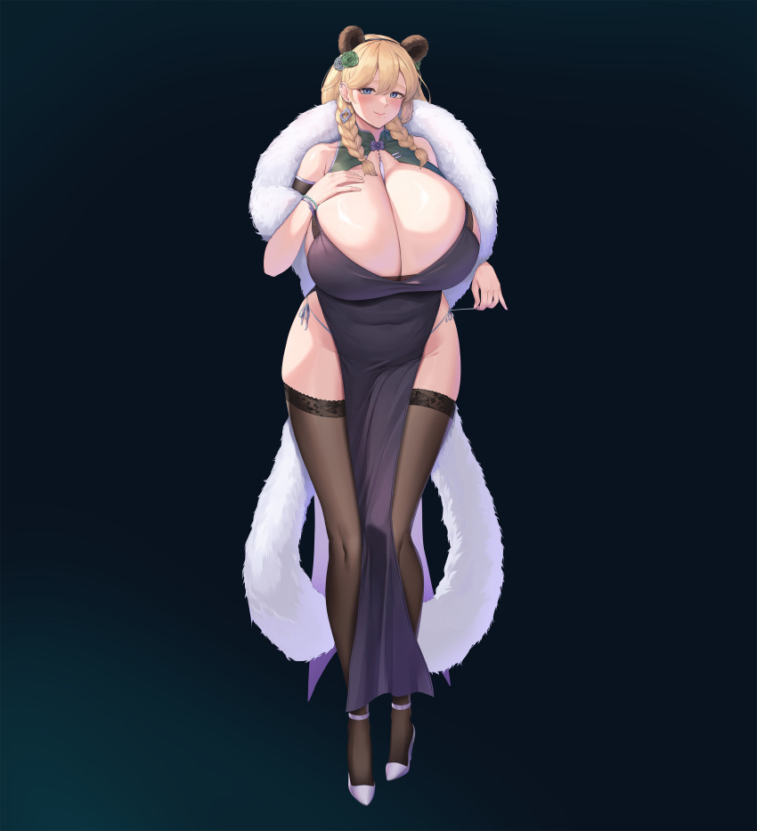 1girl absurdres animal_ears bare_shoulders bear_ears bear_girl blonde_hair blue_background blue_eyes blush bracelet braid breasts brown_thighhighs cccco cleavage commentary covered_navel curvy dress ear_piercing earrings evening_gown extra_ears flower frigga_(last_origin) full_body fur_shawl gigantic_breasts gradient_background green_flower grey_flower groin hair_flower hair_ornament hand_on_own_chest hand_up highleg highleg_dress highres jewelry lace lace-trimmed_thighhighs lace_trim last_origin long_dress long_hair looking_at_viewer mole mole_under_mouth off-shoulder_dress off_shoulder panty_straps panty_tug piercing purple_dress purple_shoes shawl shoes side_slit sideboob skindentation sleeveless sleeveless_dress smile solo standing thighhighs twin_braids two-tone_dress wide_hips