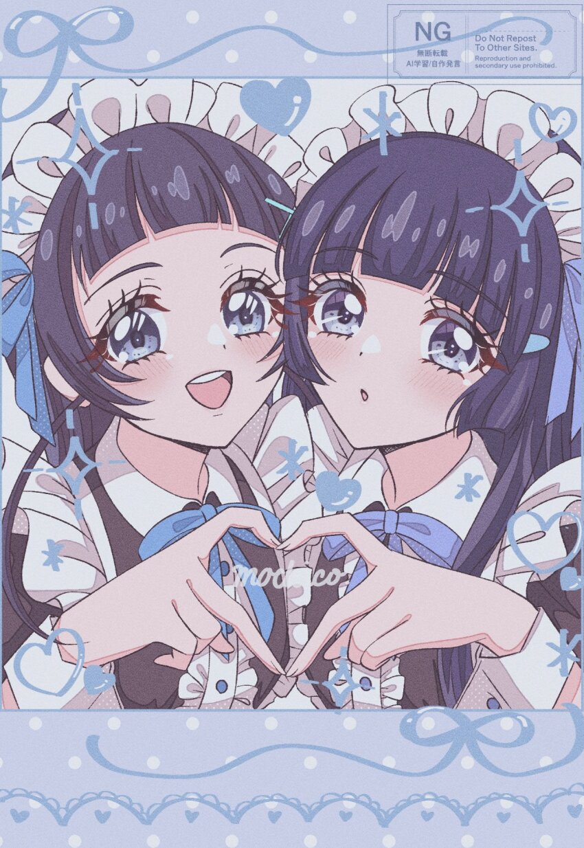 2girls :o alternate_costume aokaze_nana aoki_reika apron black_shirt blue_border blue_bow blue_bowtie blue_eyes blue_hair blue_theme blunt_bangs border bow bowtie buttons center_frills collared_shirt commentary_request dot_nose enmaided eyelashes frilled_apron frills hair_bow hair_ornament hairclip heart heart_hands heart_hands_duo highres in-franchise_crossover kimi_to_idol_precure letterboxed light_blush long_hair maid maid_day maid_headdress mochico_bb multiple_girls open_mouth parted_lips polka_dot_border precure puffy_short_sleeves puffy_sleeves shirt short_sleeves sidelocks smile smile_precure! sparkle straight_hair tareme teeth upper_body upper_teeth_only watermark white_apron white_wrist_cuffs wrist_cuffs x_hair_ornament