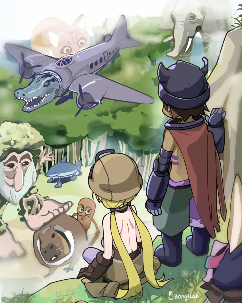 1boy 2girls 6+others absurdres ai-generated_art_(topic) aircraft airplane animal_ears arm_at_side artist_name back backless_shirt black_boots blonde_hair bomber bongfill boots brown_hair cape capybara cat child clothes_around_waist commentary crocodilian cyborg elephant fake_horns forest from_above from_behind hand_rest helmet highres horned_helmet horns italian_brainrot_ai_animals_(meme) jacket jacket_around_waist looking_at_another low_twintails made_in_abyss mechanical_arms median_furrow meme military_vehicle monster multiple_girls multiple_others nanachi_(made_in_abyss) nature old outdoors rabbit_ears rabbit_girl red_cape reg_(made_in_abyss) riko_(made_in_abyss) shark sitting standing symbol-only_commentary tree tusks twintails