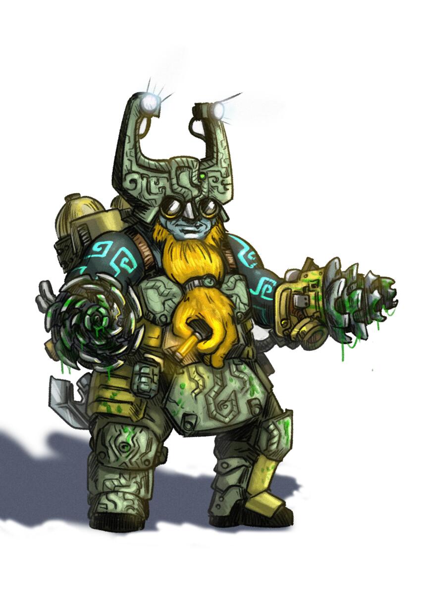 1boy absurdres armor backpack bag beard blonde_hair commentary cosplay deep_rock_galactic drill driller_(deep_rock_galactic) dual_wielding english_commentary expressionless facial_hair flare full_body goggles headlamp helmet highres holding joe_duncan male_focus midna midna_(cosplay) nintendo outstretched_arms power_drill prehensile_hair simple_background standing the_legend_of_zelda the_legend_of_zelda:_twilight_princess white_background