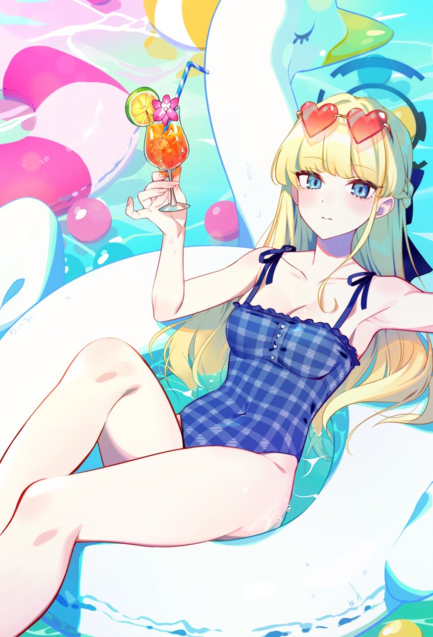 1girl ball beachball blonde_hair blue_archive blue_eyes blue_one-piece_swimsuit blush bow breasts closed_mouth commentary cup eyewear_on_head feet_out_of_frame food fruit hair_bow halo heart heart-shaped_eyewear highres holding holding_cup innertube knee_up legs lime_(fruit) lime_slice long_hair looking_at_viewer medium_breasts one-piece_swimsuit pinky_out solo sunglasses swim_ring swimsuit toki_(blue_archive) tropical_drink water yuura