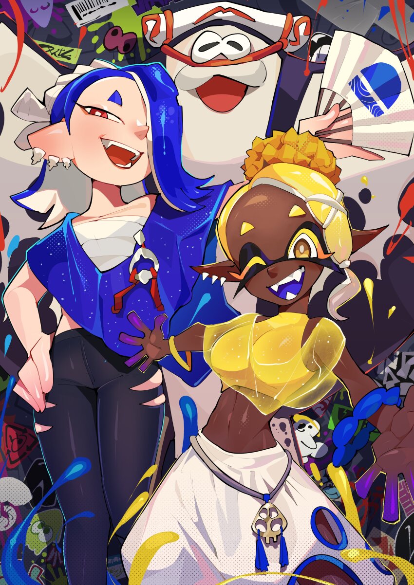 1boy 2girls absurdres big_man_(splatoon) black_pants blonde_hair blue_hair blue_shawl breasts bright_pupils chest_sarashi clothing_cutout colored_eyelashes commentary dark-skinned_female dark_skin diforland earrings english_commentary eyelashes folding_fan frye_(deep_cut_outfit)_(splatoon) frye_(splatoon) hair_ornament hair_over_one_eye hair_tie hairband hand_fan hand_on_own_hip harem_pants highres holding holding_fan inkling jewelry long_pointy_ears medium_breasts medium_hair midriff multicolored_background multiple_earrings multiple_girls navel nintendo octoling one_eye_closed open_mouth pants pointy_ears print_folding_fan red_eyes sarashi shawl shiver_(deep_cut_outfit)_(splatoon) shiver_(splatoon) short_eyebrows smile splatoon_(series) splatoon_3 teeth tentacle_hair thick_eyebrows tooth_earrings torn_clothes torn_pants white_hairband white_pupils x_hair_ornament yellow_eyes