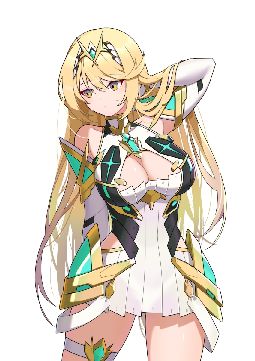1girl blonde_hair breasts chest_jewel cleavage cleavage_cutout closed_mouth clothing_cutout commentary core_crystal_(xenoblade) cowboy_shot dress elbow_gloves gem gloves green_gemstone hand_in_own_hair hehe_jun highres hip_armor hip_vent large_breasts long_hair mythra_(xenoblade) short_dress simple_background sleeveless sleeveless_dress solo standing swept_bangs thigh_strap tiara white_background white_dress white_gloves xenoblade_chronicles_(series) xenoblade_chronicles_2 yellow_eyes