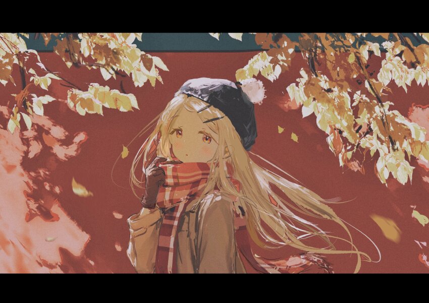1girl absurdres autumn autumn_leaves beret black_hat blonde_hair blush brown_gloves chi_(luckyeric320) coat colored_eyelashes falling_leaves floating_hair from_side gakuen_idolmaster gloves grey_coat hair_ornament hairclip hand_up hat highres idolmaster leaf letterboxed long_hair long_sleeves looking_at_viewer orange_eyes outdoors parallel_hairclips parted_bangs parted_lips plaid_clothes plaid_scarf red_scarf scarf scarf_pull shinosawa_hiro solo upper_body wind