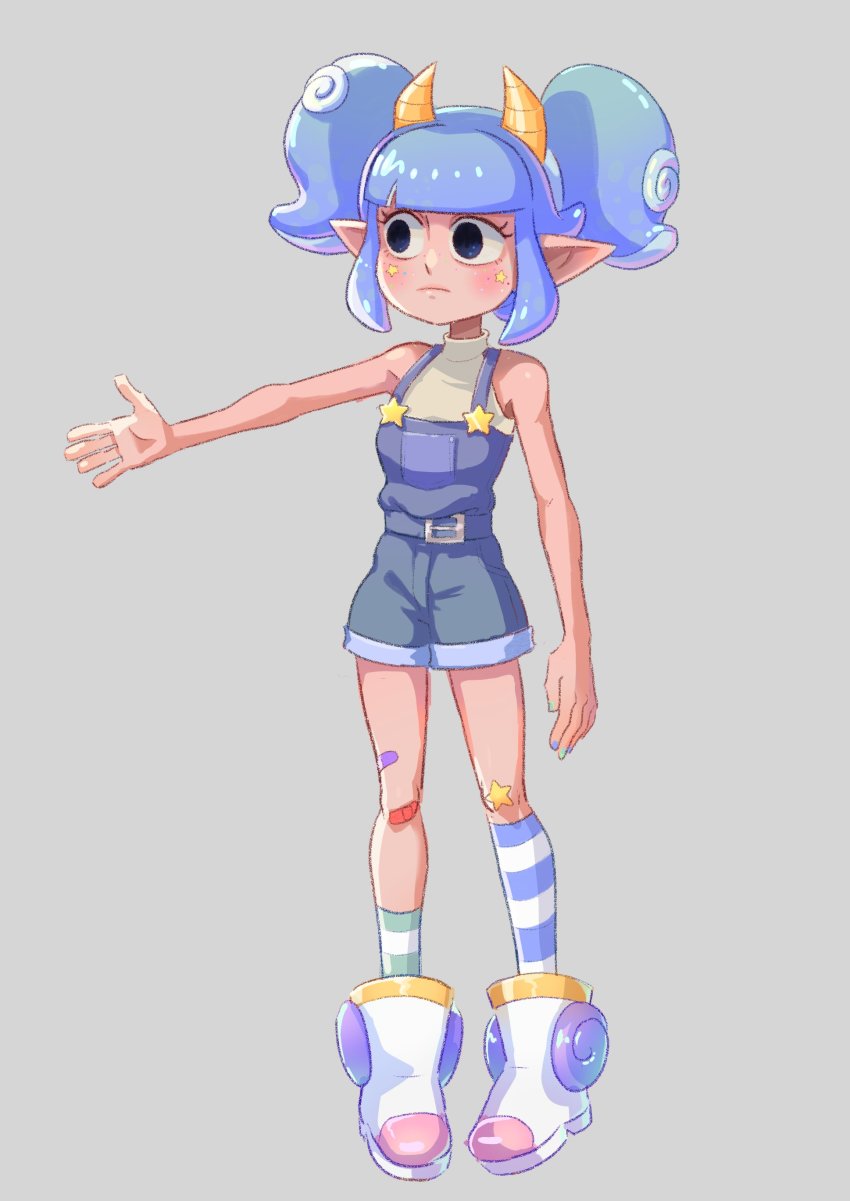 1girl absurdres asymmetrical_legwear bandaid bandaid_on_leg belt black_eyes blue_belt blue_eyes blue_hair blue_overalls blue_shorts blue_socks blunt_bangs commentary concept_art english_commentary freckles frown full_body giwi gradient_eyes green_socks grey_background hackerling high_collar highres horns indie_virtual_youtuber jacket light_blush looking_to_the_side marking_on_cheek monster_girl multicolored_eyes multicolored_legwear multicolored_nails nail_polish official_art open_hand outstretched_arm overalls pale_skin pointy_ears rubberninja shirt shoes short_twintails shorts sidelocks simple_background sketch sleeveless sleeveless_shirt socks solo star_(symbol) striped_clothes striped_socks suction_cups tentacle_hair twintails unworn_jacket virtual_youtuber white_shirt white_shoes white_socks yellow_horns