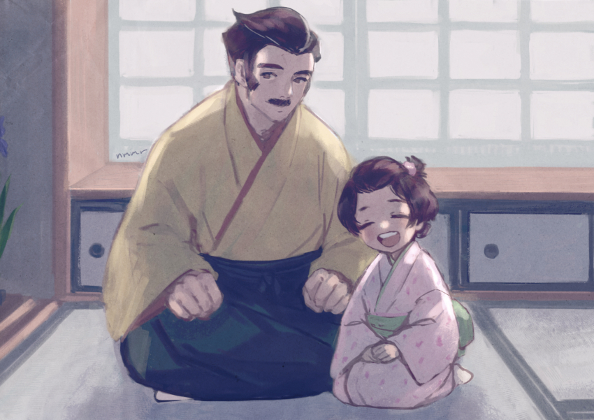 1boy 1girl :d ^_^ ace_attorney age_difference aged_down black_hakama brown_eyes clenched_hands closed_eyes facial_hair father_and_daughter hairband hakama hands_on_lap highres indian_style indoors japanese_clothes kimono looking_to_the_side mustache nmimymr open_mouth parted_bangs pink_hairband pink_kimono seiza short_hair shouji sideburns sitting sliding_doors smile susato_mikotoba teeth the_great_ace_attorney upper_teeth_only yellow_kimono yujin_mikotoba