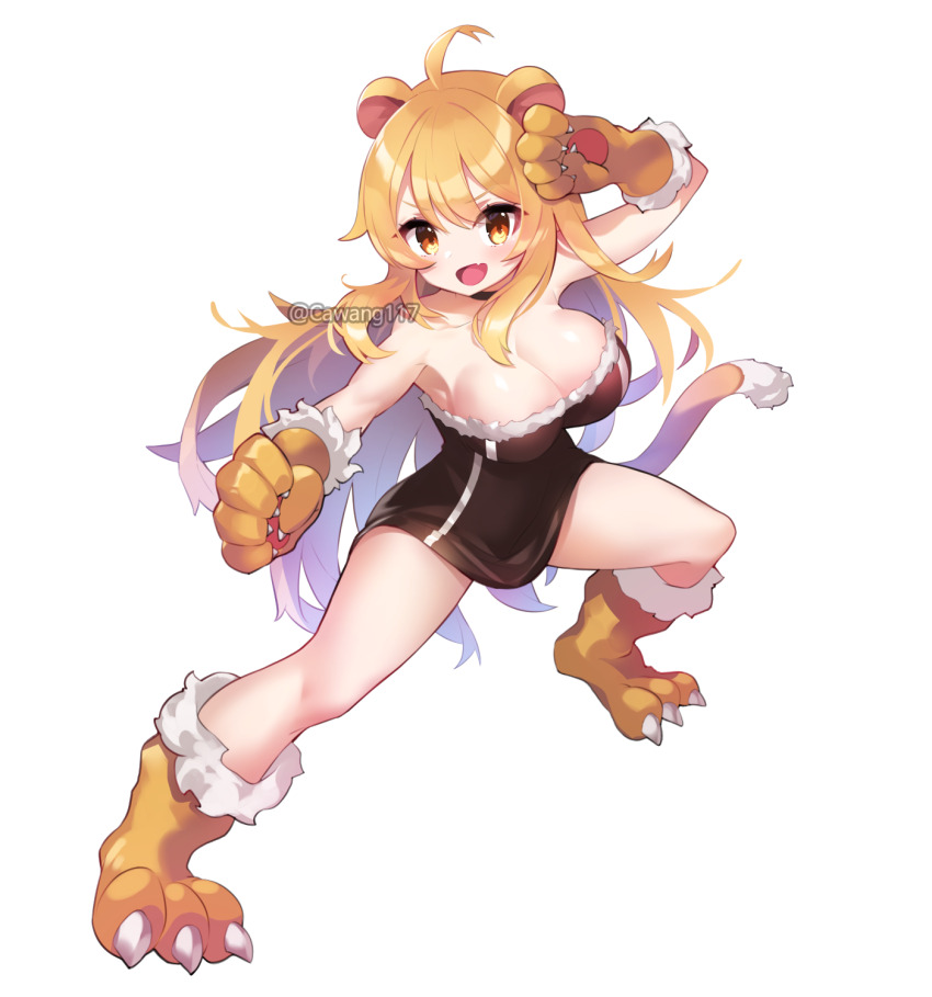 1girl :d ahoge animal_ears animal_hands black_dress blonde_hair breasts cawang cleavage dress fighting_stance full_body gloves highres large_breasts lion_ears lion_girl lion_tail long_hair looking_at_viewer open_mouth original paw_gloves paw_shoes short_dress simple_background smile solo strapless strapless_dress tail twitter_username very_long_hair white_background
