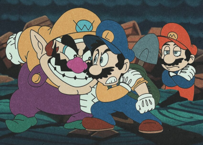 3boys angry annoyed backpack bag black_hair brown_hair crossed_arms evil_grin evil_smile face-to-face facial_hair gloves grin hat looking_at_another luigi mario mario_(series) mr.whatshisname multiple_boys mustache nintendo overalls shovel smile standing super_mario_bros.:_peach-hime_kyushutsu_dai_sakusen! super_mario_land_2 wario wario_land