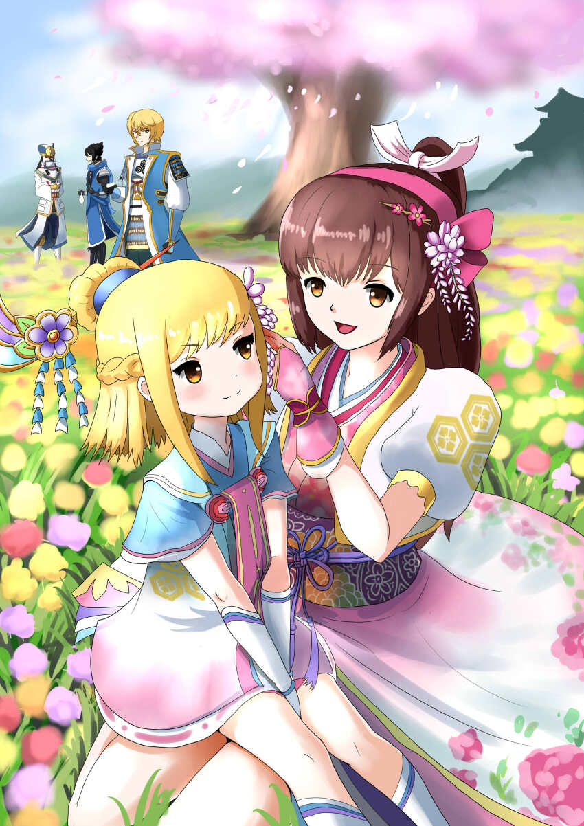 azai_nagamasa blonde_hair brown_eyes brown_hair chacha cherry_blossoms family field flower flower_field hair_flower hair_ornament japanese_clothes kimono oichi oichi_(sengoku_musou) otani_yoshitsugu ponytail sengoku_musou toudou_takatora_(sengoku_musou) tree