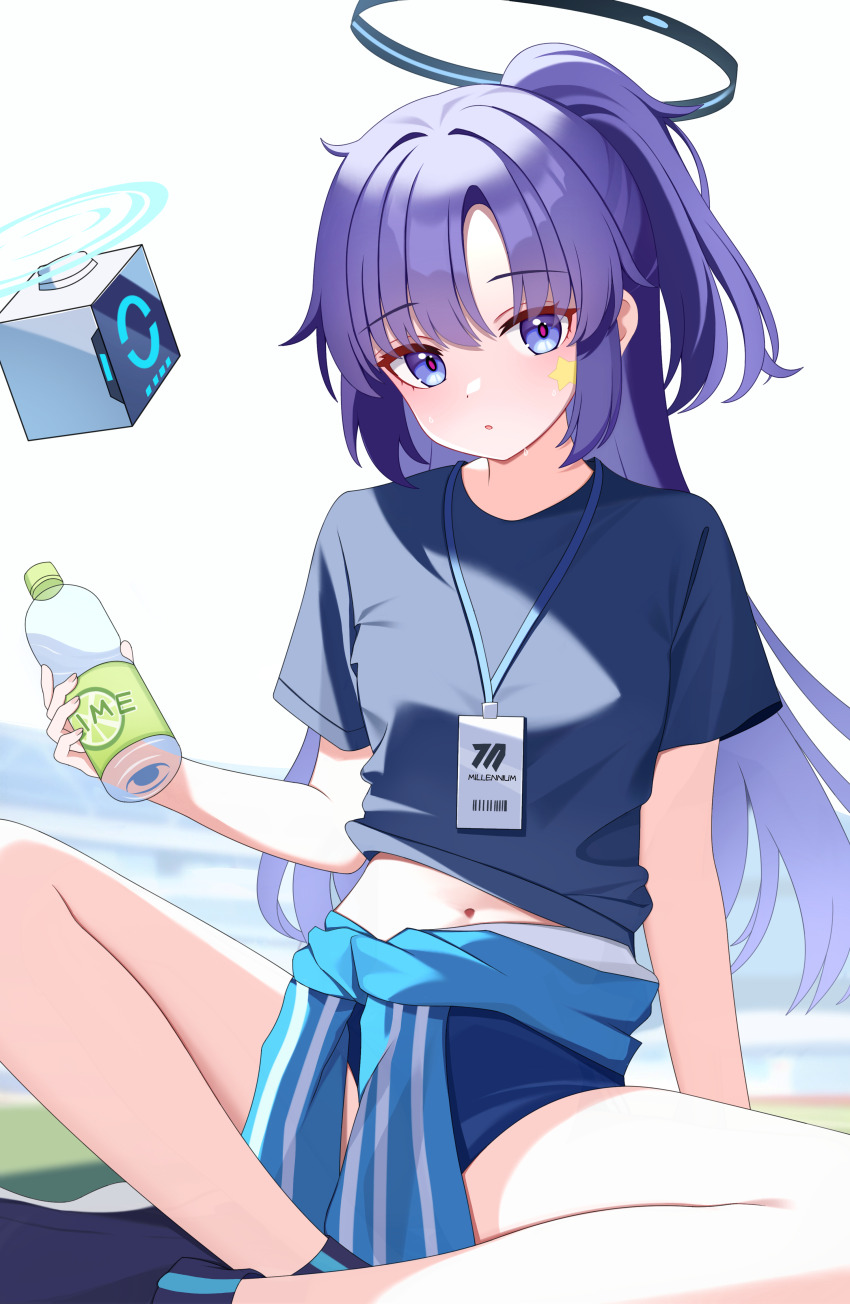 1girl absurdres black_halo black_shirt blue_archive bottle buruma chinese_commentary clothes_around_waist commentary facial_mark gym_uniform halo highres holding holding_bottle kenomotsu_yukuwa long_hair navel official_alternate_costume ponytail purple_eyes purple_hair shirt solo star_(symbol) star_facial_mark sweat yuuka_(blue_archive) yuuka_(track)_(blue_archive)