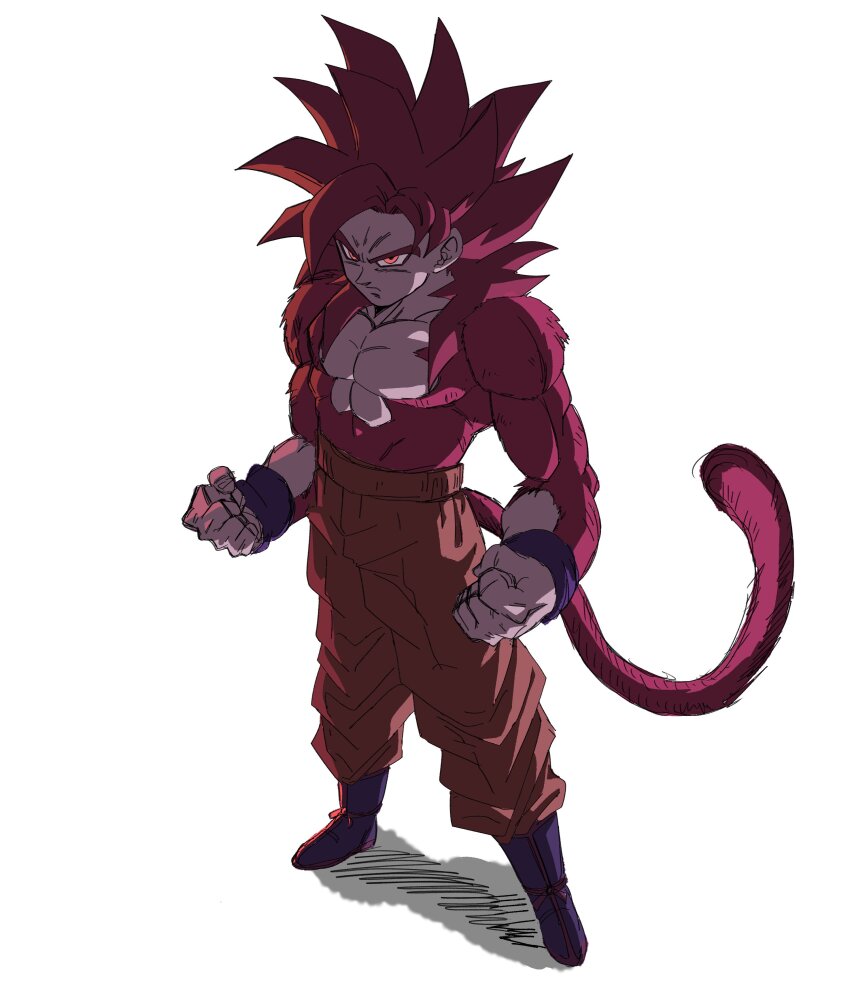 1boy absurdres blue_boots boots clenched_hands dragon_ball dragon_ball_daima full_body highres kazumax76 long_hair male_focus monkey_tail muscular muscular_male orange_pants pants red_eyes red_fur red_hair red_tail serious shadow simple_background solo son_goku spiked_hair super_saiyan super_saiyan_4 tail topless_male white_background