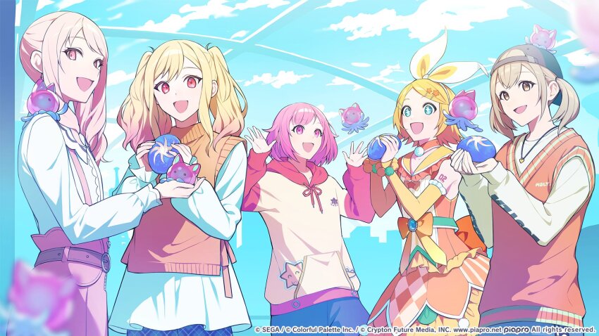 +_+ 1other 4girls :d akiyama_mizuki alien animal april_fools azusawa_kohane backwards_hat baseball_cap black_hat blonde_hair blue_eyes blue_skirt bob_cut bow bow_hairband bowtie brown_eyes clothes_writing cloud collar colorful_palette commentary_request cowboy_shot denim denim_shorts detached_collar detached_sleeves frilled_shirt frilled_skirt frilled_sleeves frills gradient_hair hair_ornament hairband hairclip hat heart heart_necklace highres holding holding_animal hood hoodie jewelry kagamine_rin layered_skirt letter_print light_brown_hair long_sleeves looking_ahead looking_at_viewer medium_hair multicolored_hair multicolored_hoodie multiple_girls necklace number_tattoo ootori_emu open_mouth orange_collar orange_shirt orange_skirt orange_sweater_vest pants parted_bangs pink_eyes pink_hair pink_hood pink_pants pink_sleeves pom_pom_(clothes) project_sekai science_fiction sega shirt short_hair shorts side_ponytail sidelocks skirt sky smile sogawa star_(symbol) star_hair_ornament star_print suspender_pants sweater_vest swept_bangs tattoo tenma_saki tentacles tied_hoodie_strings twintails twisted_sidelocks vocaloid white_shirt wonderlands_x_showtime_rin yellow_hoodie yellow_sleeves