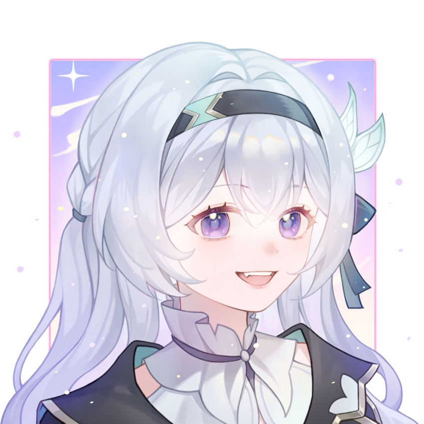 1girl :d black_bow black_hairband black_jacket blue_eyes bow braid chinese_commentary collar commentary_request firefly_(honkai:_star_rail) frilled_collar frills hair_between_eyes hair_bow hair_intakes hair_ornament hairband highres honkai:_star_rail honkai_(series) jacket long_hair looking_at_viewer multicolored_eyes open_mouth portrait purple_background purple_eyes ruo_qi sidelocks single_braid smile solo teeth two-tone_background two-tone_eyes white_background white_collar white_hair