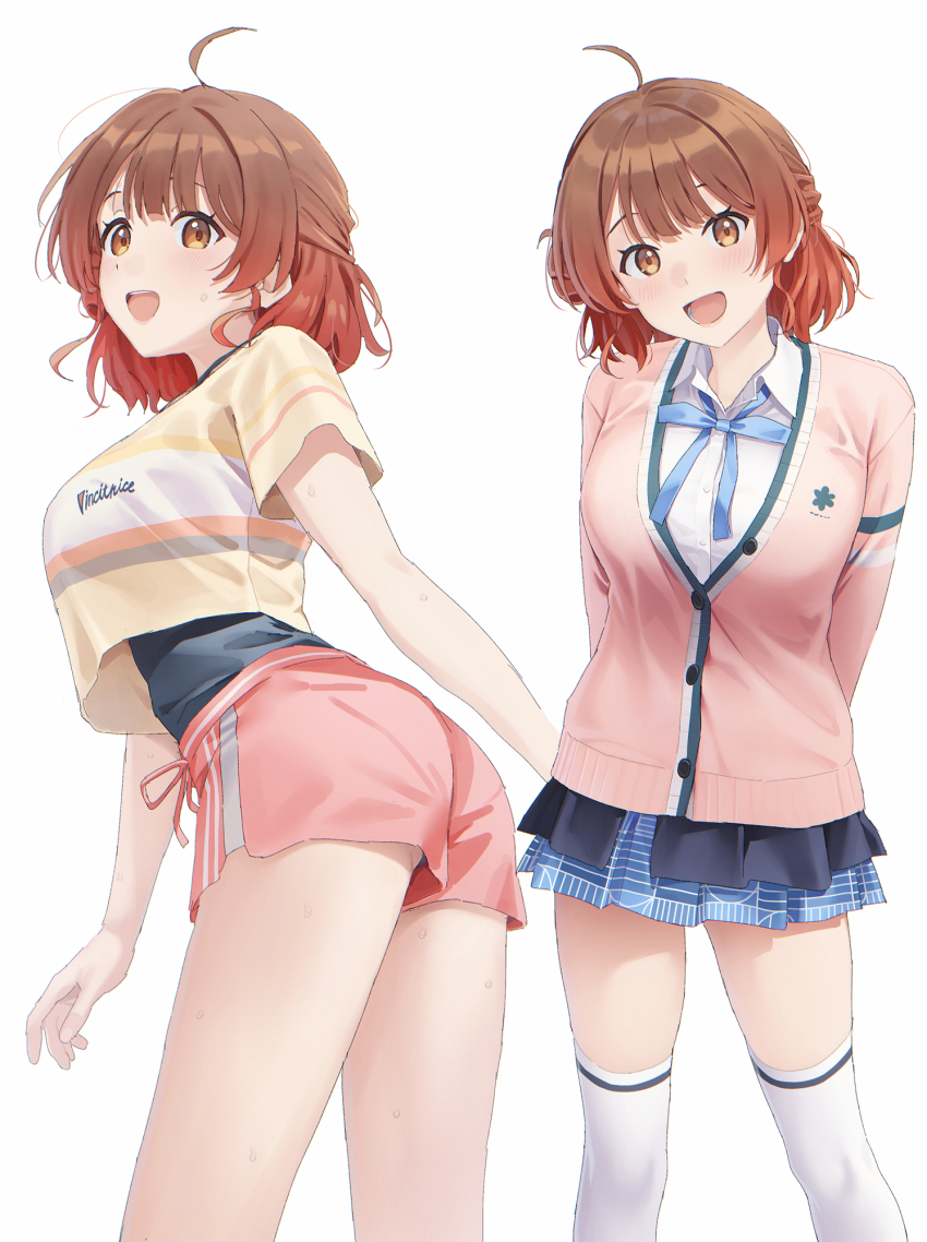 1girl ahoge black_overskirt blue_ribbon blue_skirt blush breasts brown_hair cardigan gakuen_idolmaster gradient_hair hanami_ume hatsuboshi_gakuen_school_uniform highres idolmaster looking_at_viewer medium_breasts mikazuchi_zeus miniskirt multicolored_hair multiple_views neck_ribbon orange_hair pink_cardigan pink_shorts pleated_skirt ribbon school_uniform shirt short_shorts shorts simple_background skirt smile thighhighs white_background white_shirt white_thighhighs yellow_shirt