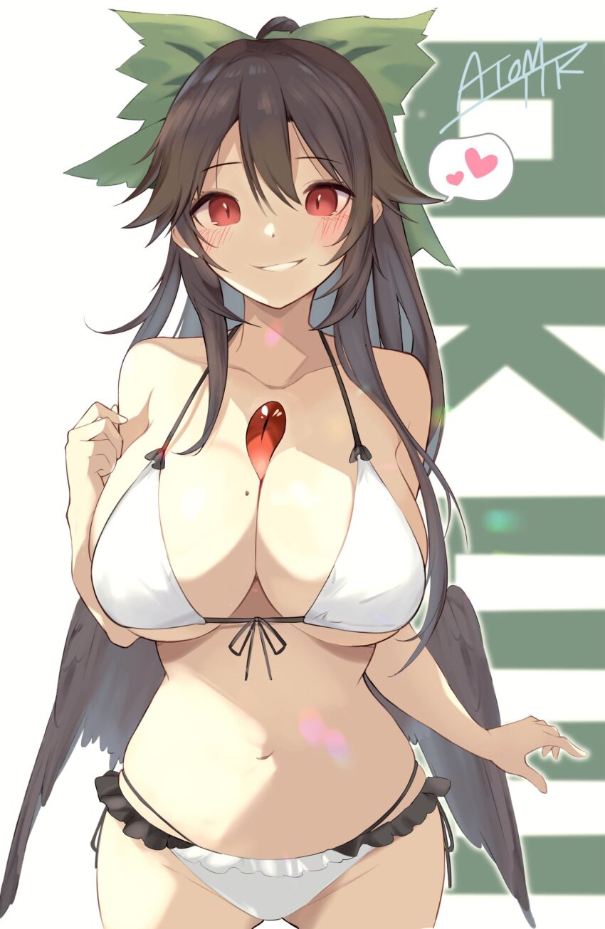 1girl bare_shoulders bikini bird_wings black_bikini black_wings blurry blush bokeh bow breasts brown_hair character_name cleavage collarbone cowboy_shot depth_of_field frills front-tie_top green_bow hair_between_eyes hair_bow heart highres large_breasts long_hair looking_at_viewer mole mole_on_breast multicolored_bikini navel red_eyes reiuji_utsuho ribbon side-tie_bikini_bottom signature simple_background smile solo spoken_heart stomach swimsuit tetsurou_(fe+) thighs third_eye touhou very_long_hair white_background white_bikini wings