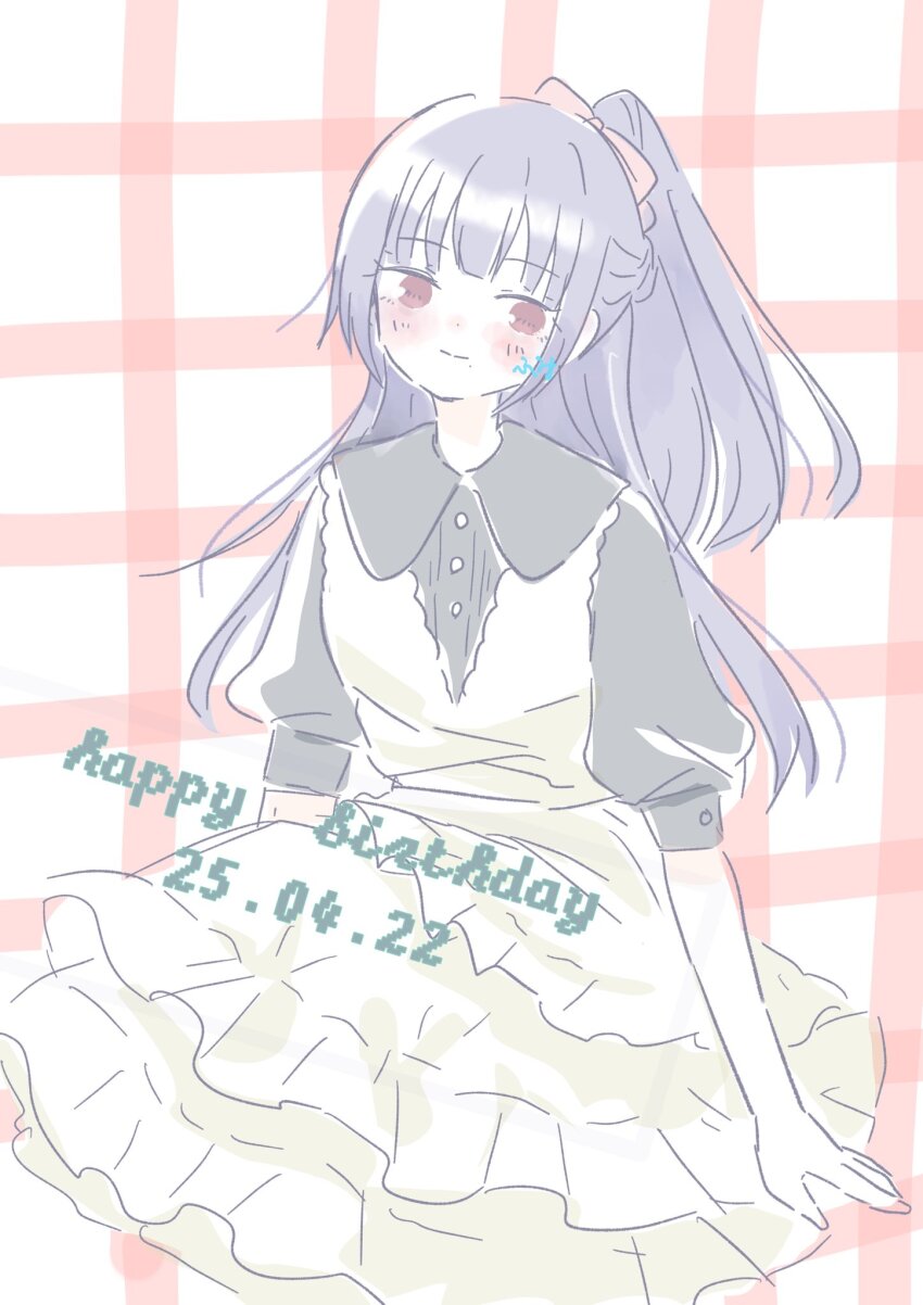 1girl arms_at_sides assault_lily black_shirt blush bow braid buttons closed_mouth commentary_request cowboy_shot cropped_legs dress frilled_dress frills fukuyama_jeanne_sachie fumi_(fumifumi3axl) hair_bow half_up_braid half_updo highres layered_dress light_smile long_hair looking_at_viewer mole mole_under_eye no_pupils pinafore_dress pink_bow pink_eyes plaid_background puffy_short_sleeves puffy_sleeves purple_hair shirt short_sleeves sitting sleeveless sleeveless_dress solo white_background white_dress