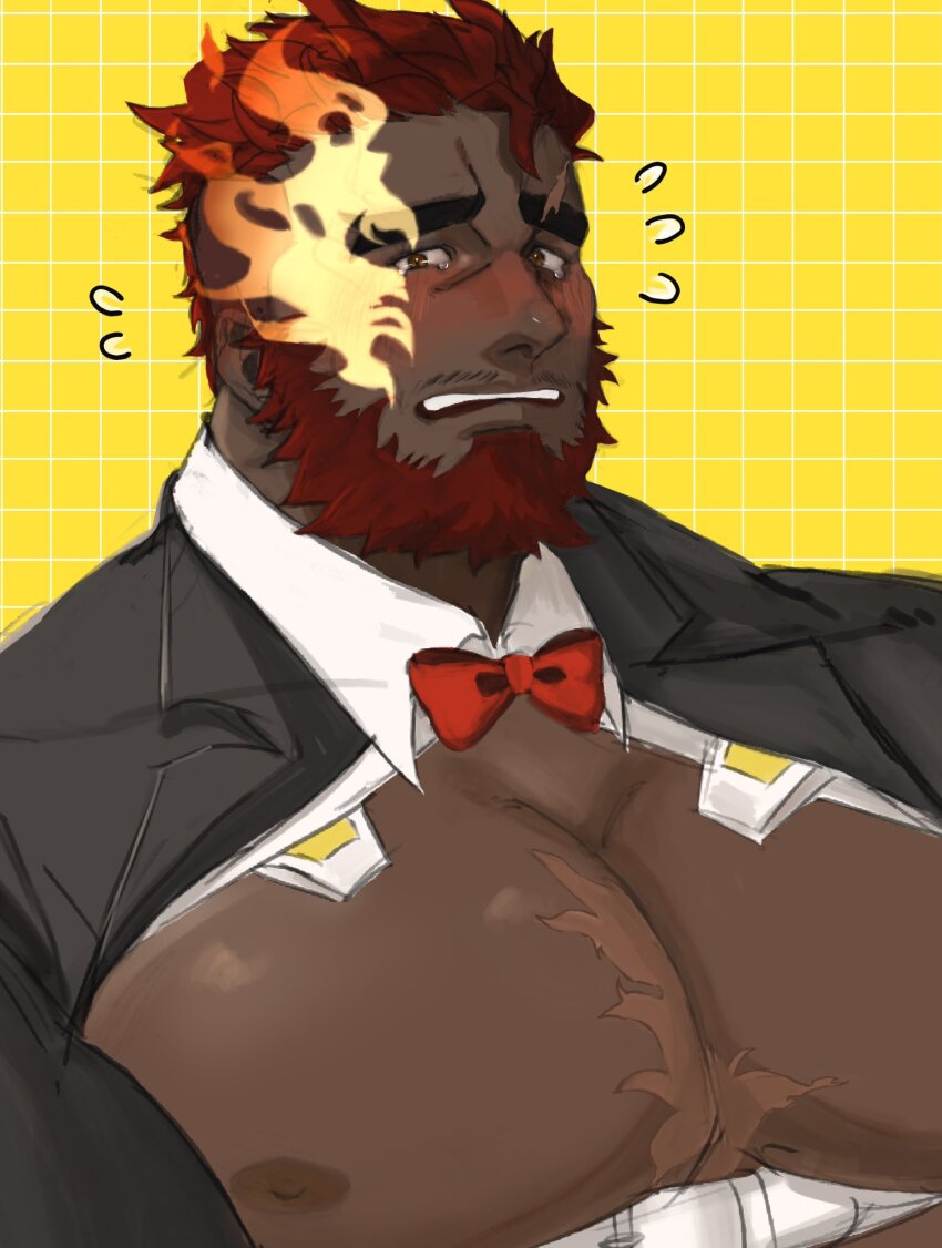 1boy bara bare_pectorals beard bow bowtie chest_harness dark-skinned_male dark_skin eyebrow_cut facial_hair flaming_eye flying_sweatdrops framed_pectorals harness hephaestus_(housamo) highres huge_eyebrows ichito0714 large_pectorals looking_at_viewer male_focus mature_male muscular muscular_male mustache_stubble nipples official_alternate_costume pectorals red_eyes short_hair solo stubble tearing_up thick_beard thick_eyebrows tokyo_houkago_summoners underbust upper_body very_dark_skin